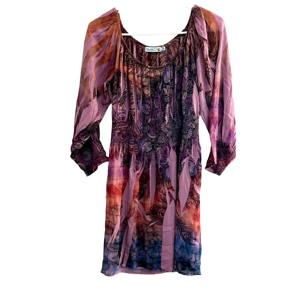UNITY WORLD WEAR Women's M Babydoll Pink Mix Media Print Tunic Blouse Y2k Sheer - Picture 1 of 5